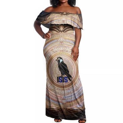 Isis Off Shoulder Maxi Dress with Falcon Symbol and Sacred Geometry in Egyptian