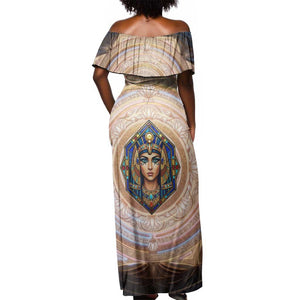 Isis Off Shoulder Maxi Dress with Falcon Symbol and Sacred Geometry in Egyptian