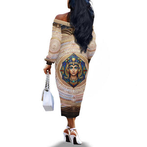 Isis Off The Shoulder Long Sleeve Dress with Falcon Symbol and Sacred Geometry in Egyptian