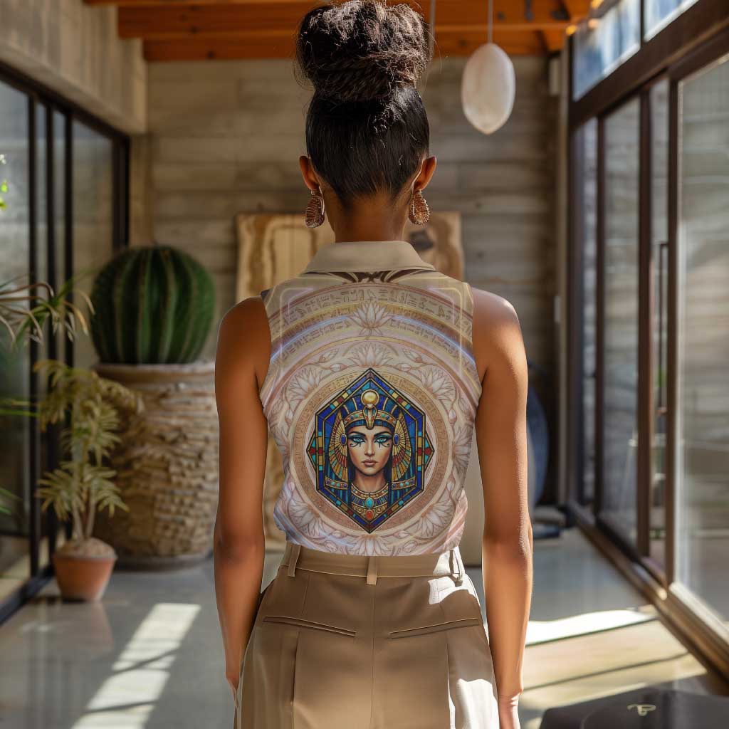 Isis Women Sleeveless Polo Shirt with Falcon Symbol and Sacred Geometry in Egyptian