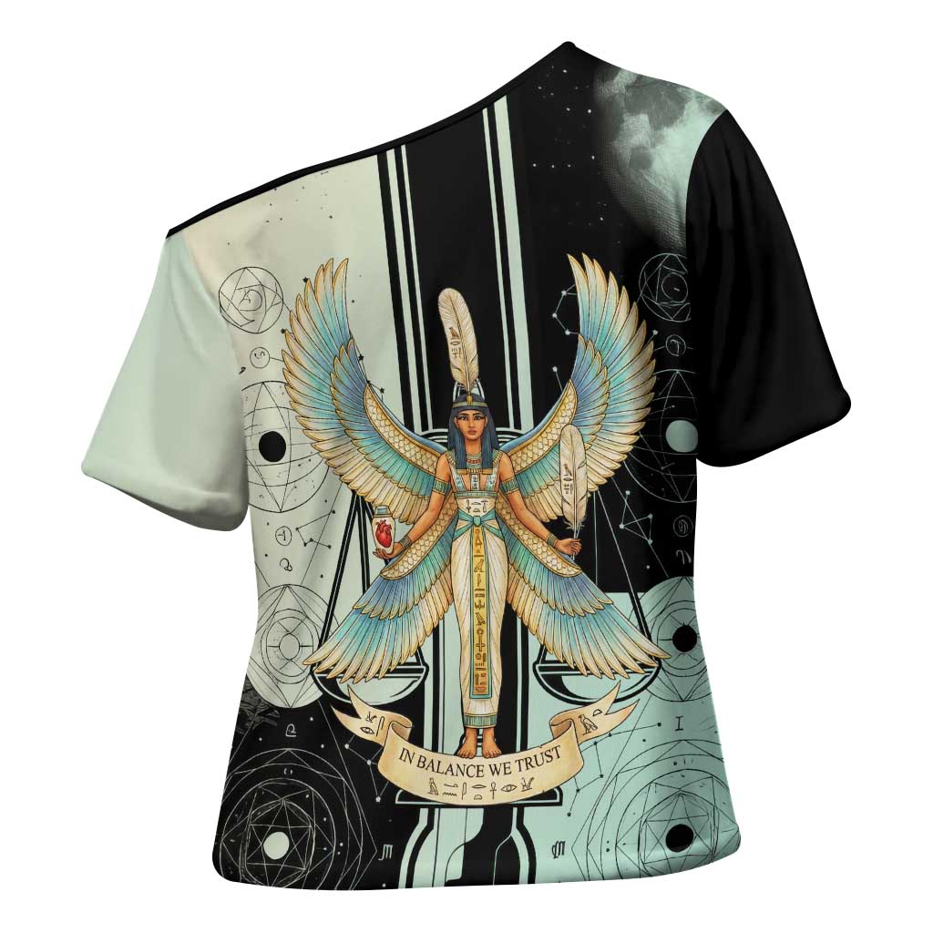 Ma’at Feather Egyptian Cross Shoulder Shirt with Scales Symbolizing Truth and Cosmic Balance