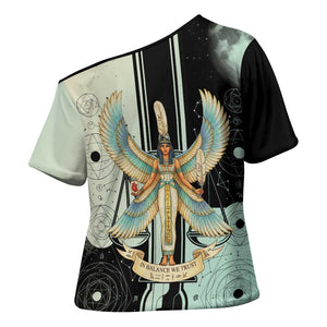Ma’at Feather Egyptian Cross Shoulder Shirt with Scales Symbolizing Truth and Cosmic Balance