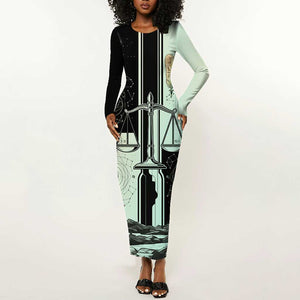 Ma’at Feather Egyptian Long Sleeve Bodycon Dress with Scales Symbolizing Truth and Cosmic Balance