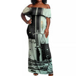 Ma’at Feather Egyptian Off Shoulder Maxi Dress with Scales Symbolizing Truth and Cosmic Balance