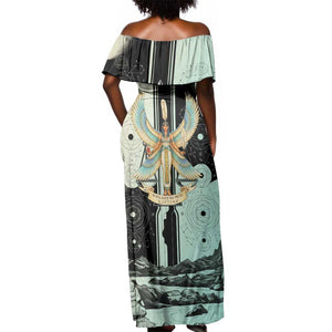 Ma’at Feather Egyptian Off Shoulder Maxi Dress with Scales Symbolizing Truth and Cosmic Balance