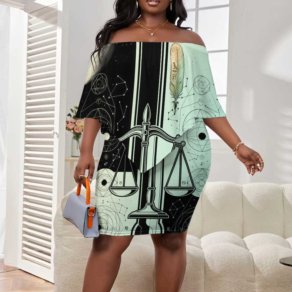 Ma’at Feather Egyptian Off Shoulder Short Dress with Scales Symbolizing Truth and Cosmic Balance