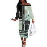 Ma’at Feather Egyptian Off The Shoulder Long Sleeve Dress with Scales Symbolizing Truth and Cosmic Balance