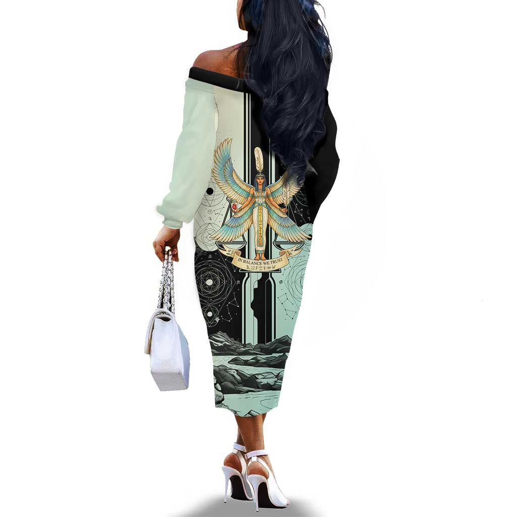 Ma’at Feather Egyptian Off The Shoulder Long Sleeve Dress with Scales Symbolizing Truth and Cosmic Balance