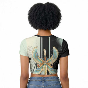 Ma’at Feather Egyptian Raglan Cropped T shirt with Scales Symbolizing Truth and Cosmic Balance