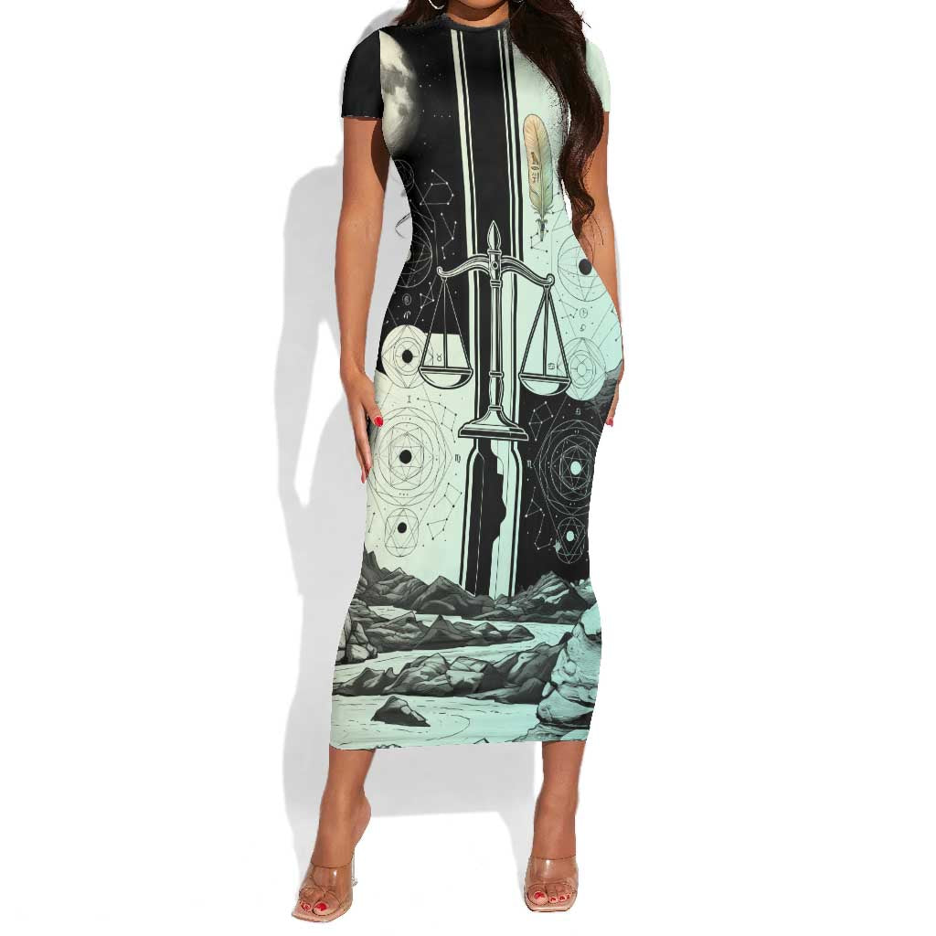 Ma’at Feather Egyptian Short Sleeve Bodycon Dress with Scales Symbolizing Truth and Cosmic Balance