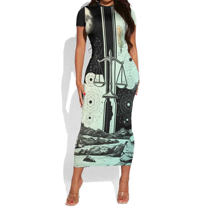 Ma’at Feather Egyptian Short Sleeve Bodycon Dress with Scales Symbolizing Truth and Cosmic Balance