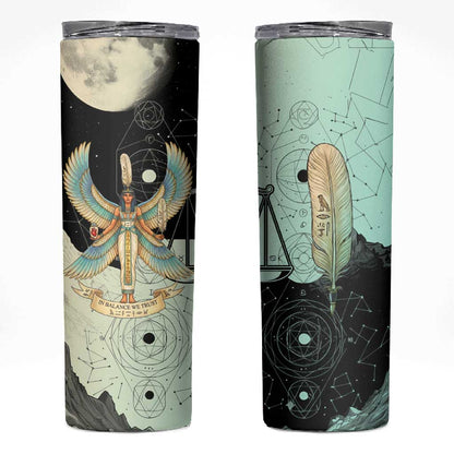 Ma’at Feather Egyptian Skinny Tumbler with Scales Symbolizing Truth and Cosmic Balance