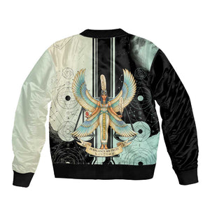 Ma’at Feather Egyptian Sleeve Zip Bomber Jacket with Scales Symbolizing Truth and Cosmic Balance