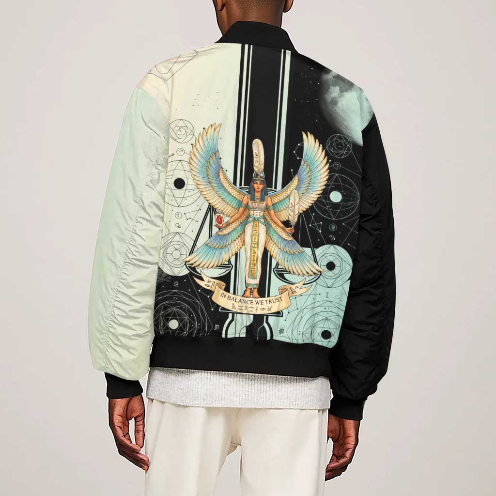 Ma’at Feather Egyptian Sleeve Zip Bomber Jacket with Scales Symbolizing Truth and Cosmic Balance