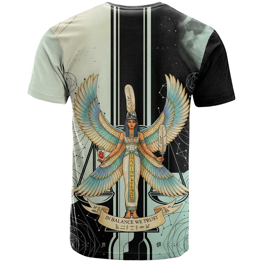 Ma’at Feather Egyptian T shirt with Scales Symbolizing Truth and Cosmic Balance