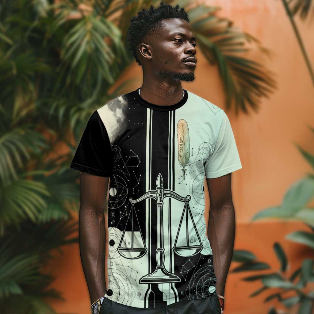Ma’at Feather Egyptian T shirt with Scales Symbolizing Truth and Cosmic Balance