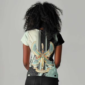Ma’at Feather Egyptian Women V-Neck T-Shirt with Scales Symbolizing Truth and Cosmic Balance