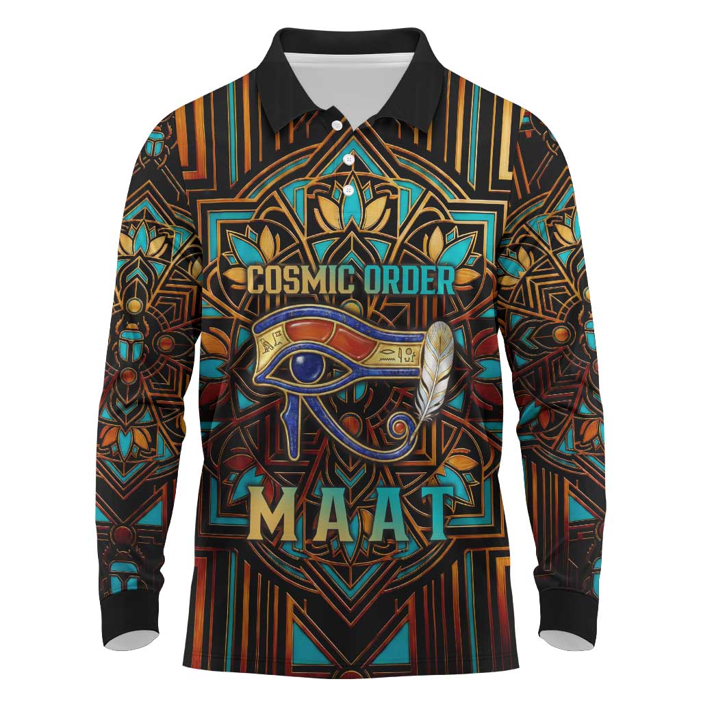 Ma’at Eye of Horus Long Sleeve Polo Shirt Egyptian Feather Celebrating Truth