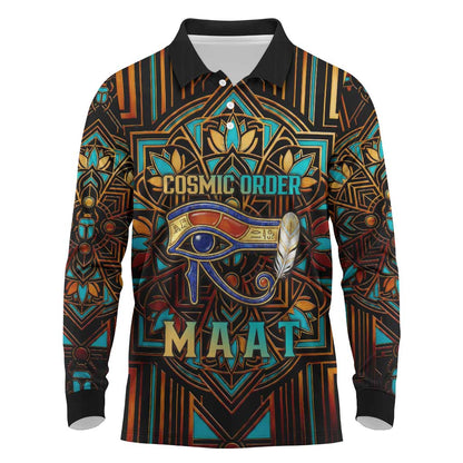 Ma’at Eye of Horus Long Sleeve Polo Shirt Egyptian Feather Celebrating Truth