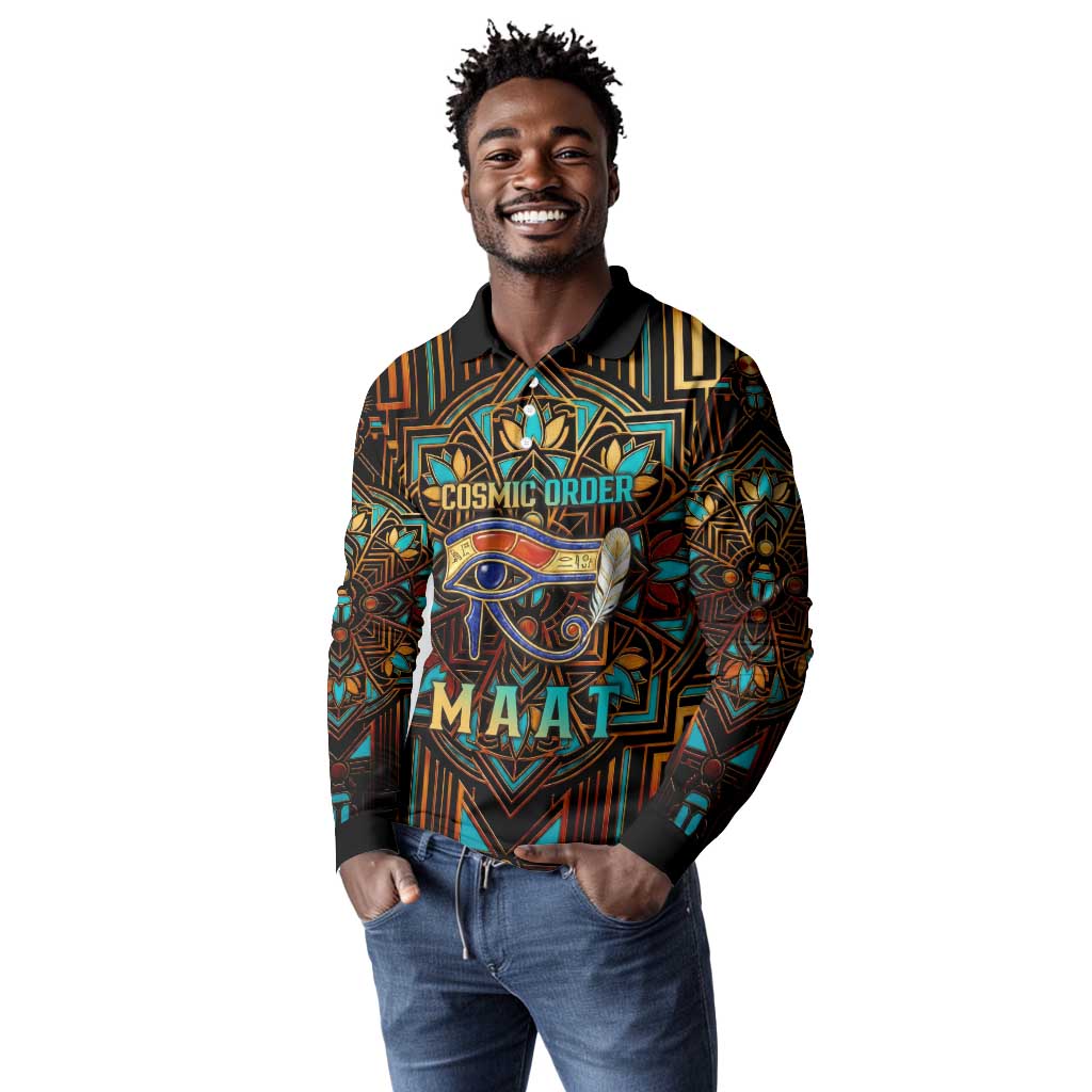 Ma’at Eye of Horus Long Sleeve Polo Shirt Egyptian Feather Celebrating Truth