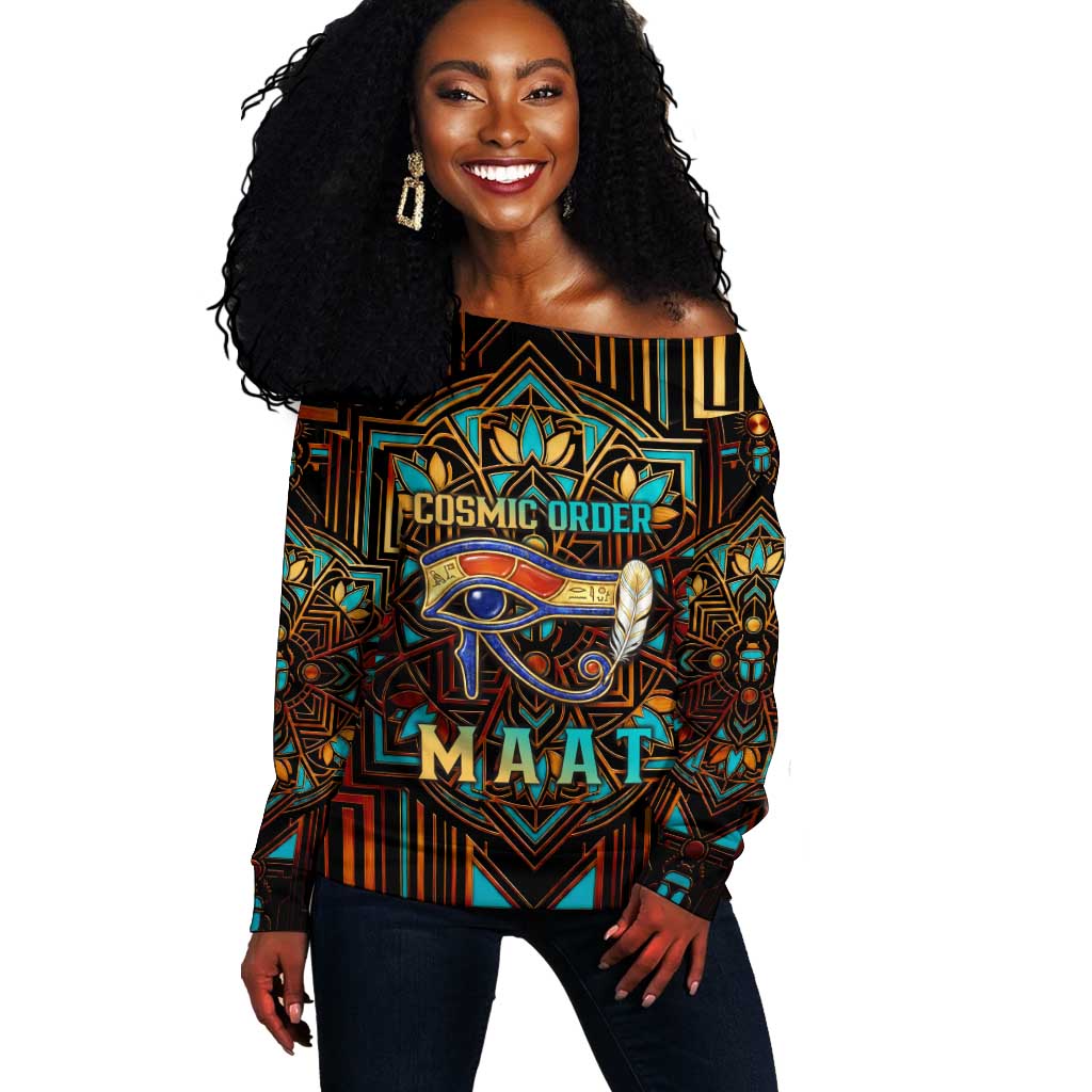 Ma’at Eye of Horus Off Shoulder Sweater Egyptian Feather Celebrating Truth
