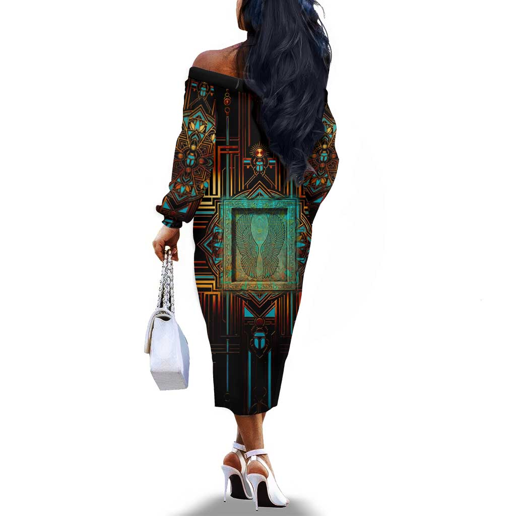 Ma’at Eye of Horus Off The Shoulder Long Sleeve Dress Egyptian Feather Celebrating Truth
