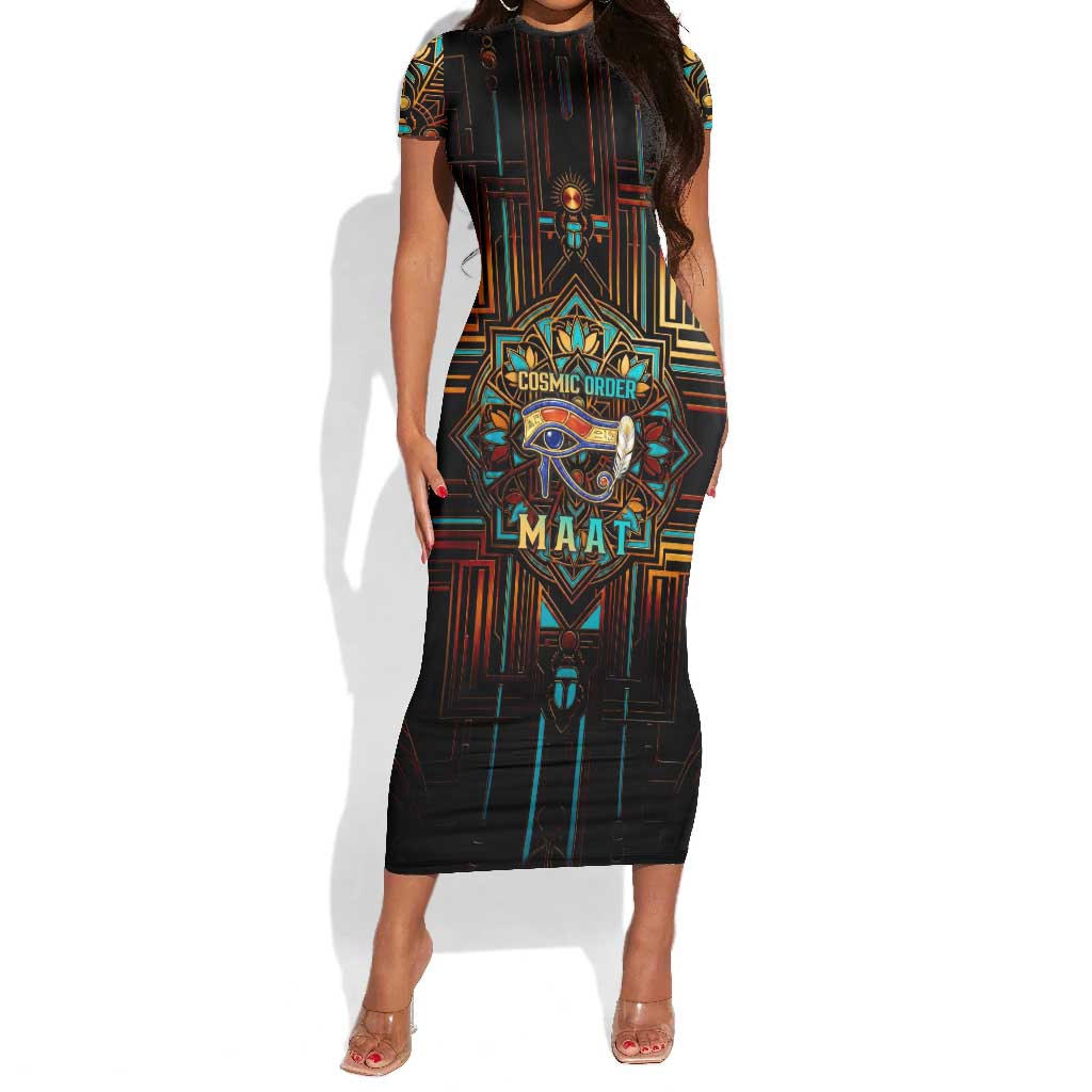 Ma’at Eye of Horus Short Sleeve Bodycon Dress Egyptian Feather Celebrating Truth