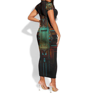 Ma’at Eye of Horus Short Sleeve Bodycon Dress Egyptian Feather Celebrating Truth