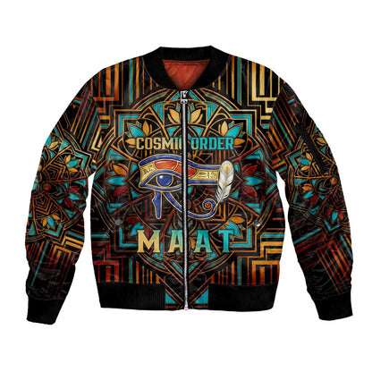 Ma’at Eye of Horus Sleeve Zip Bomber Jacket Egyptian Feather Celebrating Truth