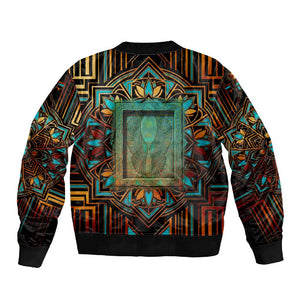 Ma’at Eye of Horus Sleeve Zip Bomber Jacket Egyptian Feather Celebrating Truth