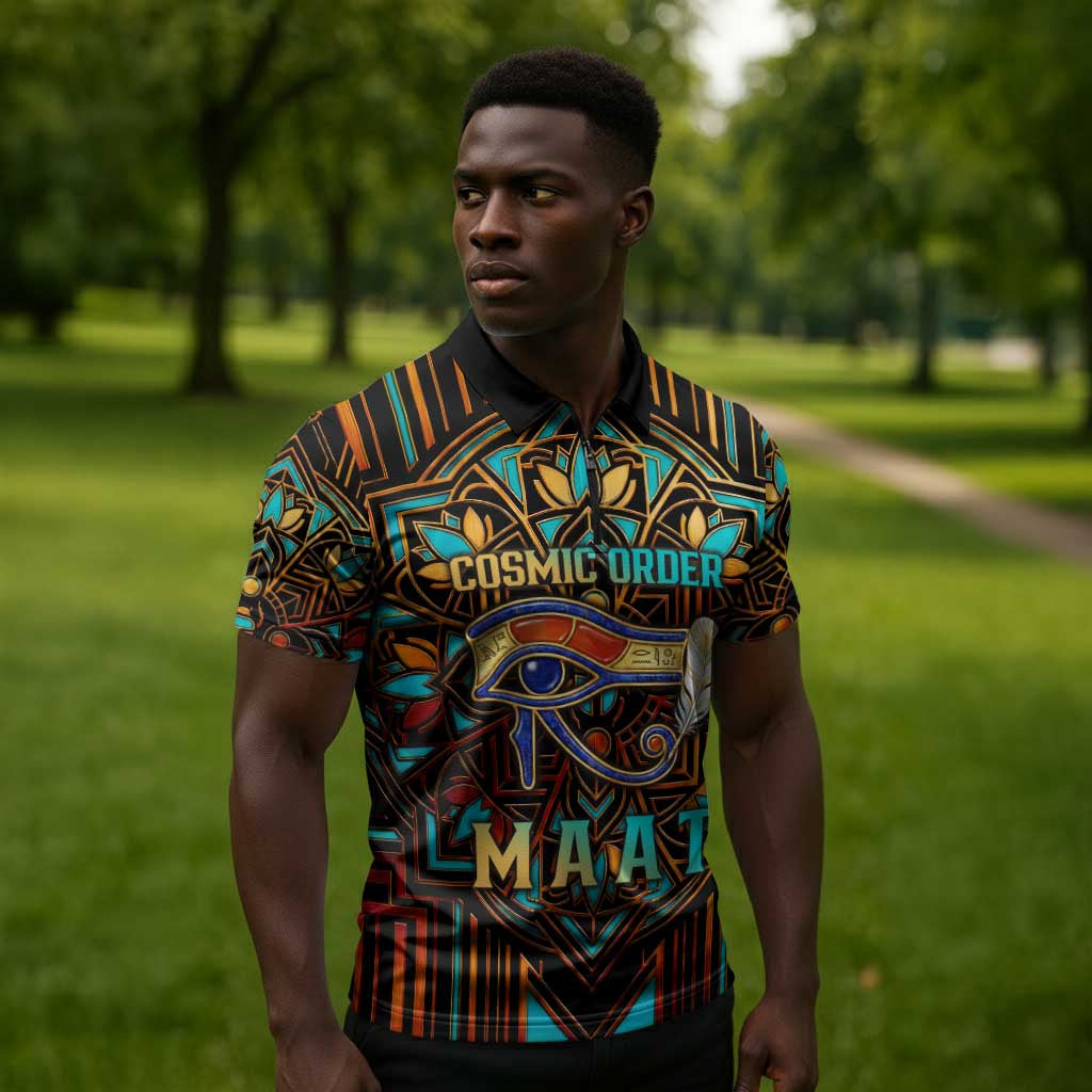 Ma’at Eye of Horus Zipper Polo Shirt Egyptian Feather Celebrating Truth