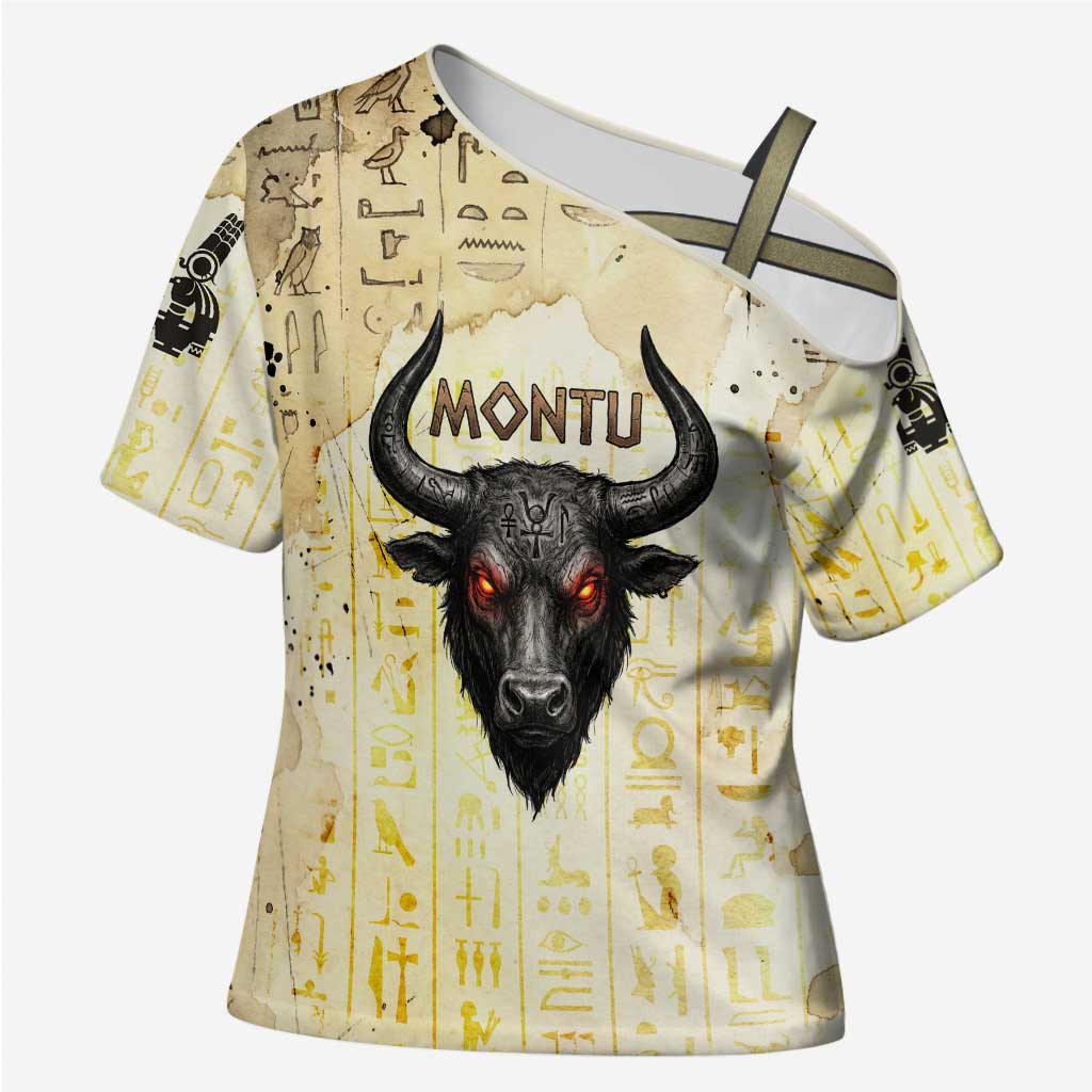 Montu Egyptian Cross Shoulder Shirt War God Mighty Bull Symbol Ancient Power Hieroglyphic