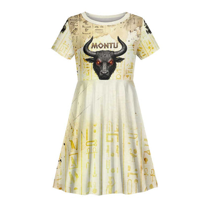 Montu Egyptian Kid Short Sleeve Dress War God Mighty Bull Symbol Ancient Power Hieroglyphic
