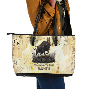 Montu Egyptian Leather Tote Bag War God Mighty Bull Symbol Ancient Power Hieroglyphic