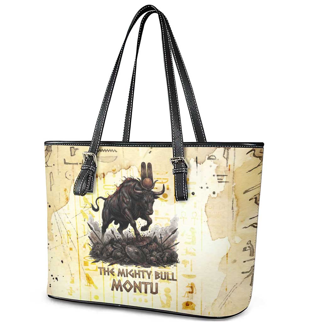 Montu Egyptian Leather Tote Bag War God Mighty Bull Symbol Ancient Power Hieroglyphic