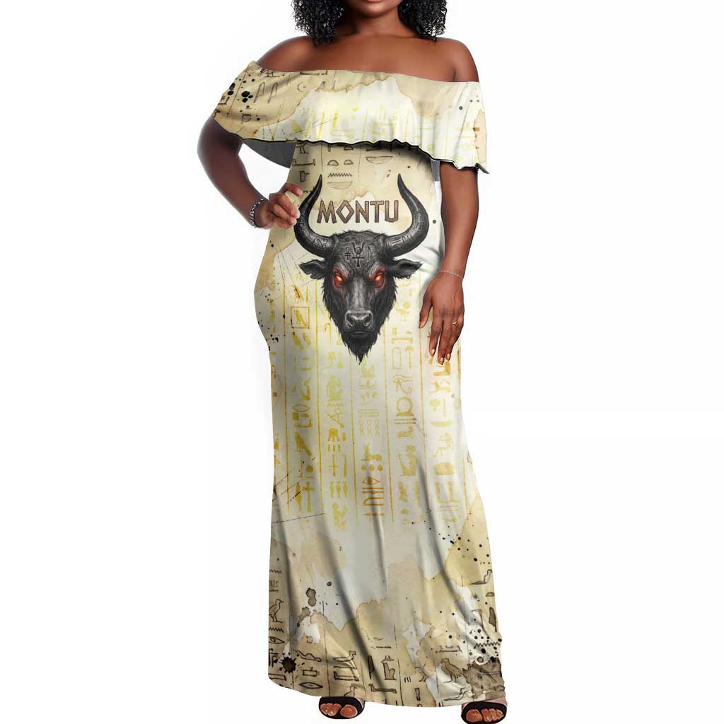 Montu Egyptian Off Shoulder Maxi Dress War God Mighty Bull Symbol Ancient Power Hieroglyphic