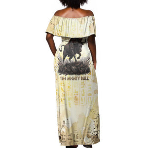 Montu Egyptian Off Shoulder Maxi Dress War God Mighty Bull Symbol Ancient Power Hieroglyphic