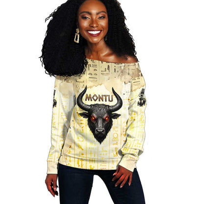 Montu Egyptian Off Shoulder Sweater War God Mighty Bull Symbol Ancient Power Hieroglyphic