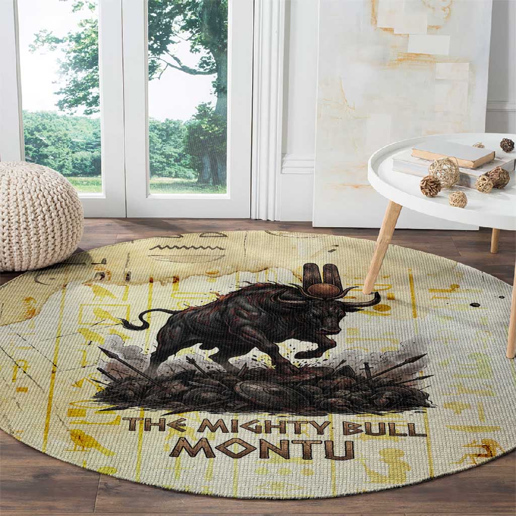 Montu Egyptian Round Carpet War God Mighty Bull Symbol Ancient Power Hieroglyphic