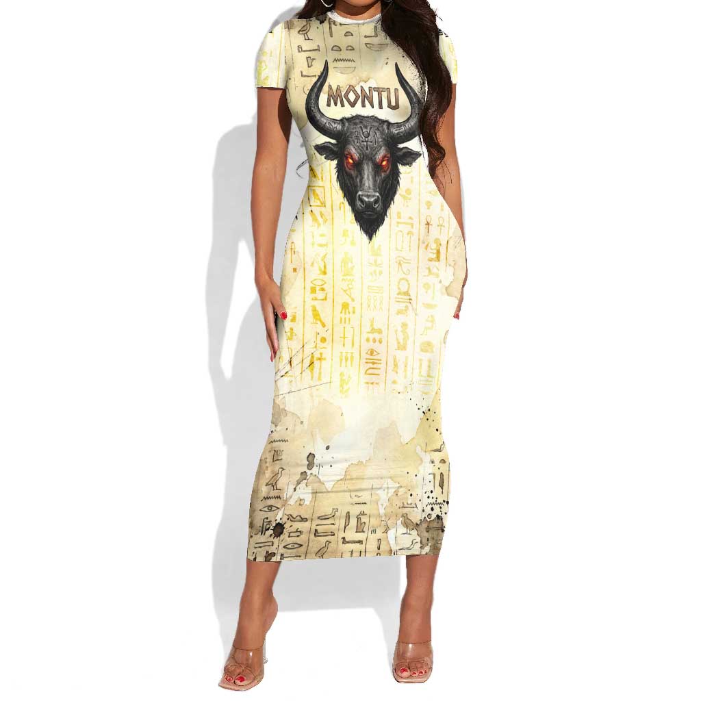 Montu Egyptian Short Sleeve Bodycon Dress War God Mighty Bull Symbol Ancient Power Hieroglyphic