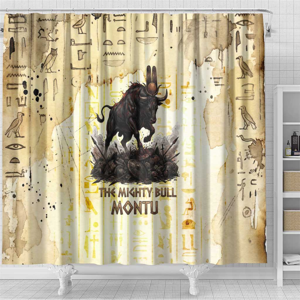 Montu Egyptian Shower Curtain War God Mighty Bull Symbol Ancient Power Hieroglyphic