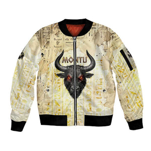 Montu Egyptian Sleeve Zip Bomber Jacket War God Mighty Bull Symbol Ancient Power Hieroglyphic
