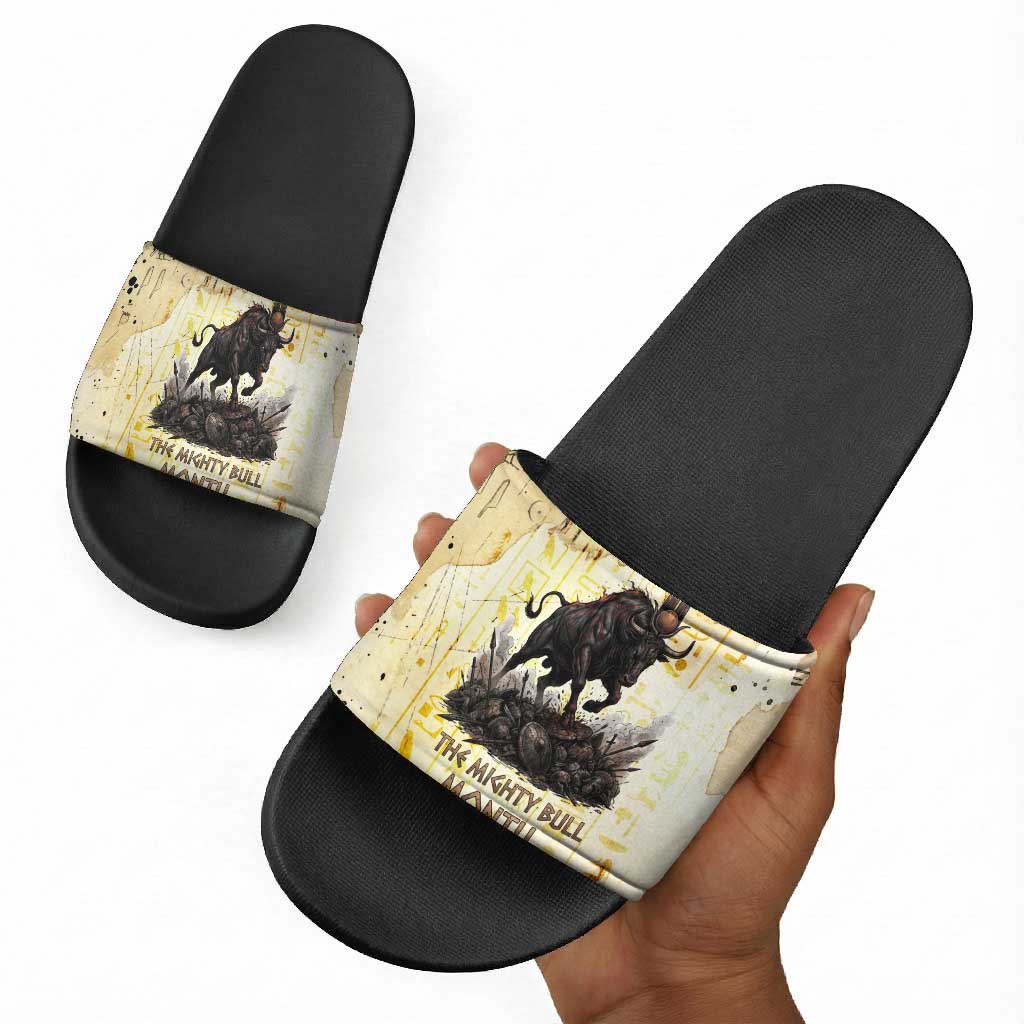 Montu Egyptian Slide Sandals War God Mighty Bull Symbol Ancient Power Hieroglyphic