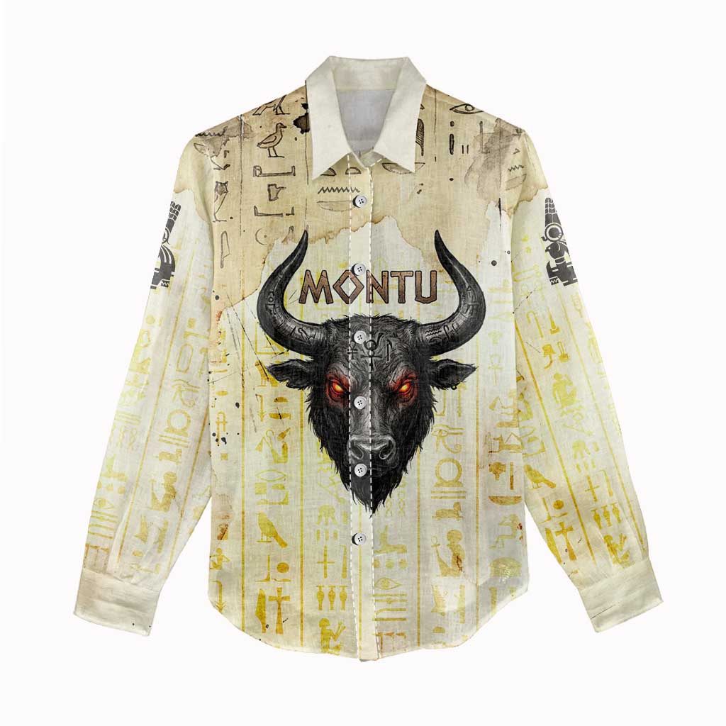 Montu Egyptian Women Casual Shirt War God Mighty Bull Symbol Ancient Power Hieroglyphic