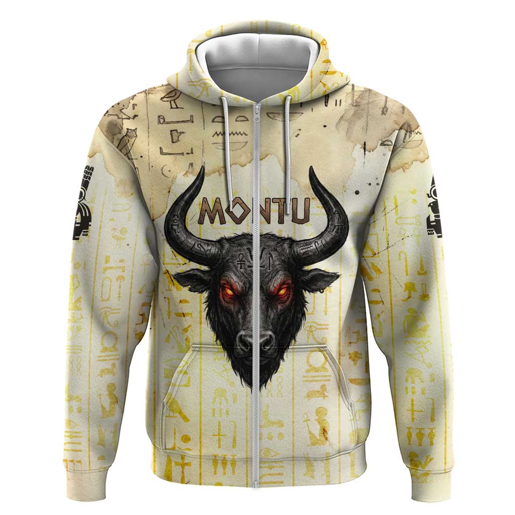Montu Egyptian Zip Hoodie War God Mighty Bull Symbol Ancient Power Hieroglyphic