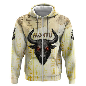 Montu Egyptian Zip Hoodie War God Mighty Bull Symbol Ancient Power Hieroglyphic