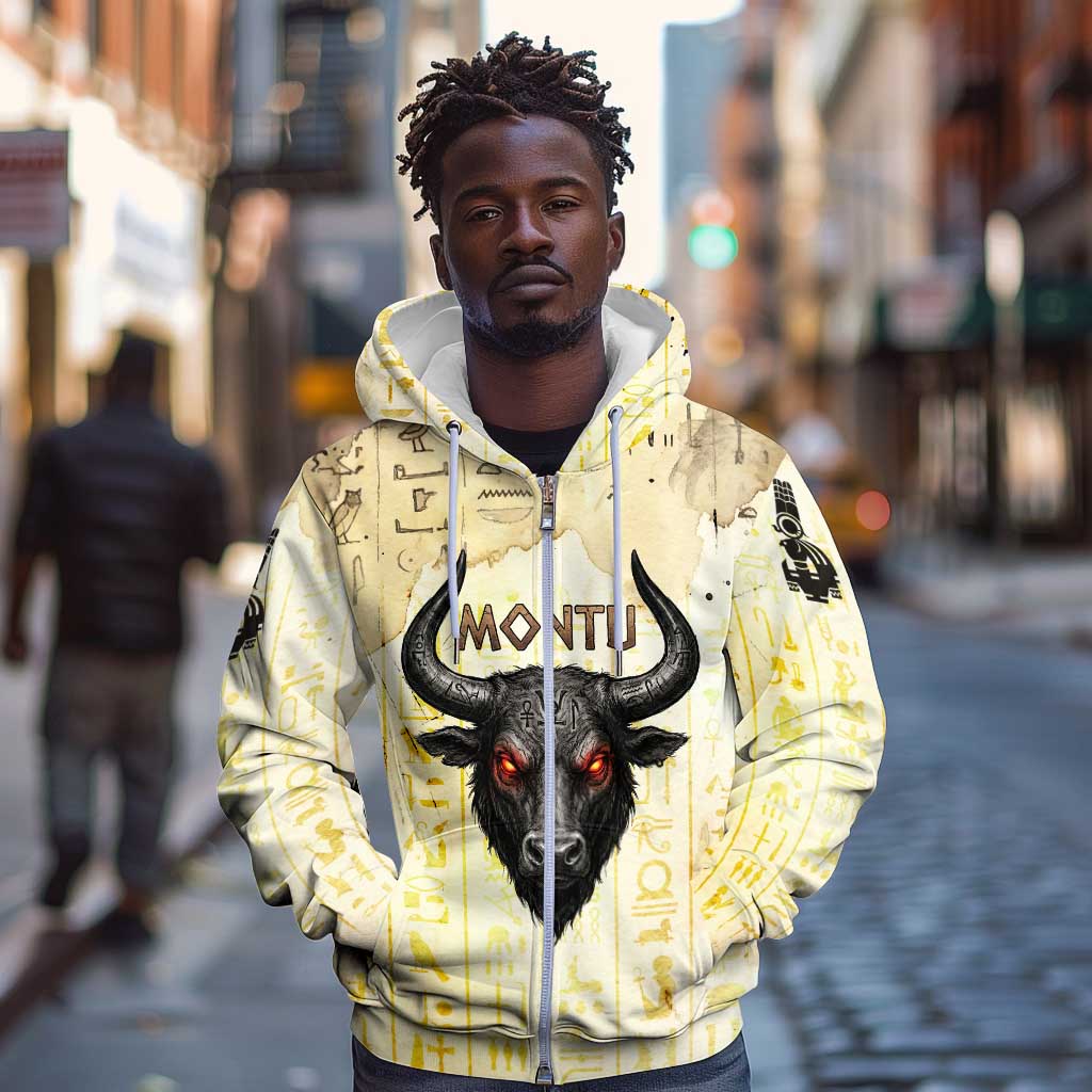 Montu Egyptian Zip Hoodie War God Mighty Bull Symbol Ancient Power Hieroglyphic