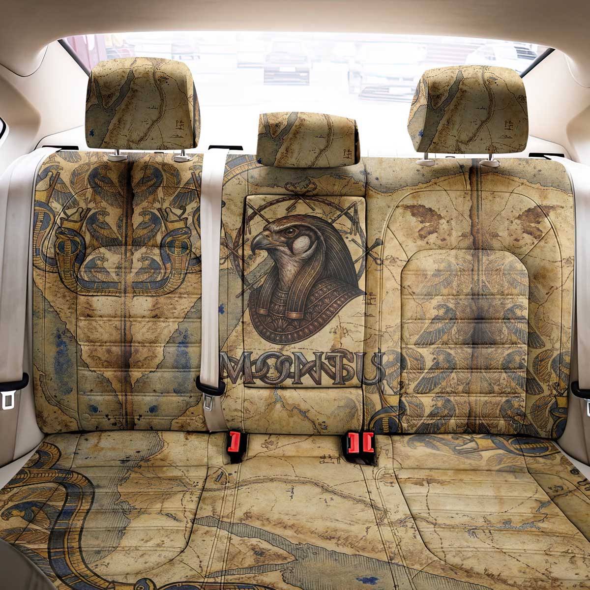 Montu Back Car Seat Cover Falcon Head War God Ancient Egyptian Map Feathers and Sun Disk