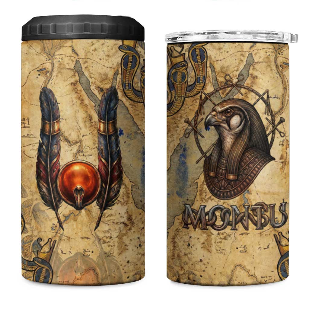 Montu 4 in 1 Can Cooler Tumbler Falcon Head War God Ancient Egyptian Map Feathers and Sun Disk