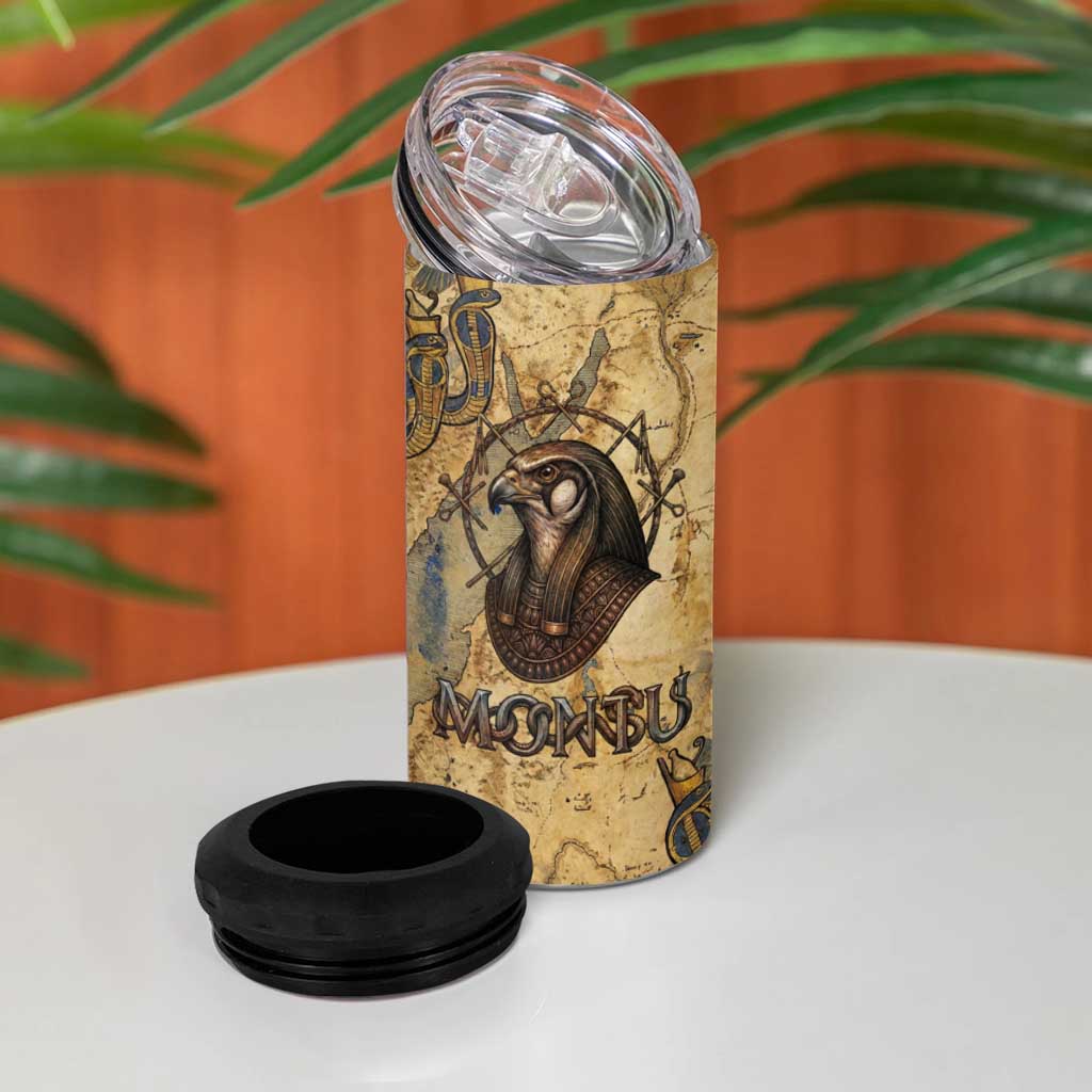 Montu 4 in 1 Can Cooler Tumbler Falcon Head War God Ancient Egyptian Map Feathers and Sun Disk